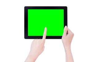 jong mooi meisje met een zwarte tablet pc-sjabloon met groen scherm geïsoleerd op een witte achtergrond, close-up, mock up, uitknippad, uitgesneden foto