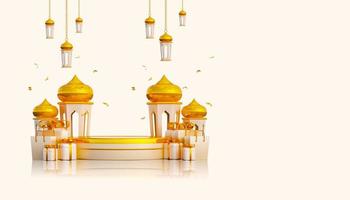 luxe ramadan groet achtergrond banner met 3d podium geschenkdozen en islamitische decoratie-objecten foto