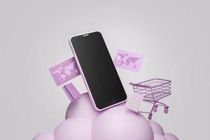 mobiele telefoon op een wolk met een winkelwagentje en creditcards foto