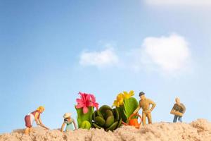 miniatuur mensen tuinman bezig met cactusplanten foto