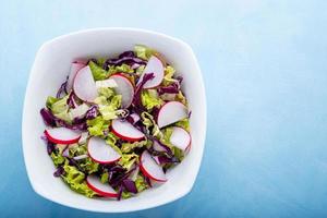 close-upmening van een kom groene salade over blauwe achtergrond foto