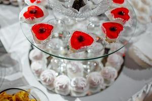 heerlijke candybar bij luxe huwelijksreceptie. exclusieve dure catering. tafel met moderne desserts, cupcakes, snoep met fruit. baby- of vrijgezellenfeest. vakantie feest. selectieve aandacht. foto