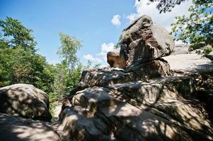 dovbush-rotsen, een groep natuurlijke en door de mens gemaakte structuren uitgehouwen in de rotsen in het westen van Oekraïne foto