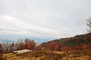 houtgrond op herfst rood bos en bergen foto
