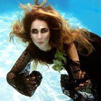 onderwater mode portret van mooie blonde jonge vrouw in zwarte jurk met druivenbladeren foto