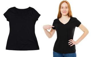 lege t-shirt set voorkant met vrouwelijke isoleren op witte achtergrond, t-shirt close-up background foto