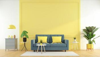gele woonkamer met bank en bijzettafel, houten vloer, groene planten. 3D-rendering