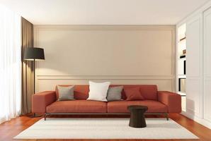 minimalistische luxe woonkamer met rode bank en zwarte vloerlamp, plank en kast, muurkroonlijst en houten vloer. 3D-rendering