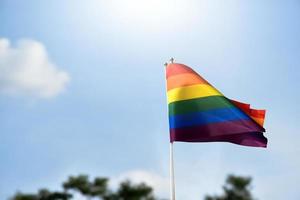 trots regenboog lgbt homovlag in de hand houden en in de wind tegen de blauwe lucht gezwaaid. foto