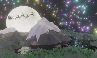 laag veelhoek kerstconcept. silhouet santa en rendieren met volle maan. uitzicht op de bergen en kerstboom op de grond. 3D-rendering afbeelding. foto