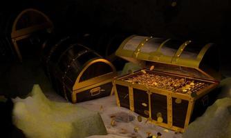 gouden munten in de oude en vintage schatkist gemaakt van houten panelen versterkt met goud metaal en gouden pinnen schatkisten geplaatst op het zand in een grot of schatkist onder water foto