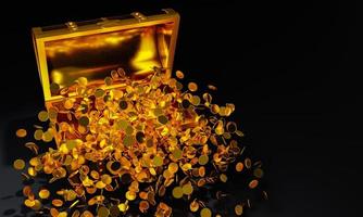 velen verdelen gouden munten vlogen uit de schatkist. een schatkist van goud, luxueus, duur. een oude schatkist geopend met gouden munten uitgeworpen. 3D-rendering. foto