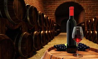rode wijnfles en helder glas met rode wijn op een wijnfermentatietank met veel wijnfermentatietanks, dicht bij de rode bakstenen muur in kelder of kelder geplaatst. 3D-rendering foto