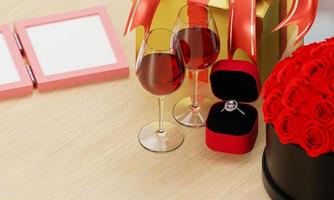 het vieren van liefde stel een diamanten ring voor en een groot boeket rode diamanten luxe geschenkdoos rode wijn in glas een blanco fotolijst. leeg wit tabletscherm wordt op een houtnerftafel geplaatst. 3D-rendering foto