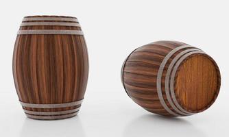 houten vaten voor wijnfermentatie er is een metalen band om het lichaam op de grond te drukken en een wit behang. 3D-rendering. foto