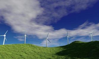 windmolen en blauwe hemel witte wolk achtergrond. windturbine op windpark in rotatie om elektriciteit op te wekken op buiten met weideboom. effen landschapsachtergrond voor zomerposter foto