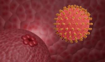 een virusafbeelding of coronavirus covid-19 rood model. het concept van een virus dat zich op een rode, ruige achtergrond verspreidt. 3D-rendering foto