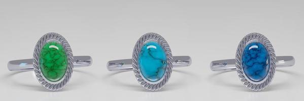 zilveren ring en turquoise 3 kleuren op een witte achtergrond. platina wit turquoise 3 kleuren. 3D-rendering foto