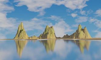 onbewoond eiland en decoratieve rotsen. prachtige geologische eilandrotsen en strand. eiland in de oceaan met blauwe lucht en witte wolk. 3D-rendering. foto