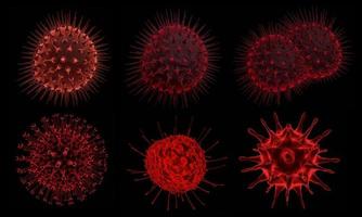 set van abstracte bacteriën of viruscellen in bolvorm met lange antennes. coronavirus uit wuhan, china crisisconcept. pandemie of virusinfectie concept - 3D-rendering. foto