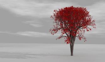 3D-gerenderde esdoorn in de herfst met rode bladeren staat alleen op grijs oppervlak en grijze lucht witte wolk. foto
