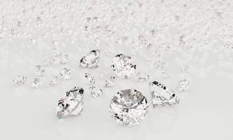 vele grootte diamanten op een witte achtergrond met reflectie op het oppervlak. 3D-rendering. foto