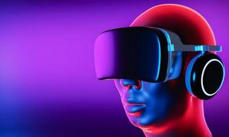 man met een vr-bril om de metaverse of digitale virtuele wereld te betreden. virtuele toekomstige technologie in cyberpunk lichte tinten. foto