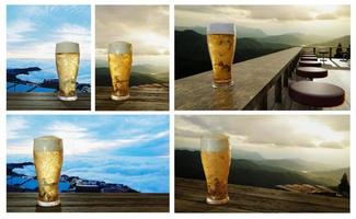 set van helder bierglas met vol koud bier en schuim aan de monding van het glas en waterdruppels hechten aan de randen. plank of houten oppervlak en met zee van mist in de ochtendzon. 3D-rendering foto