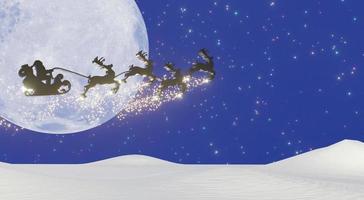 silhouet kerstman en rendieren met gouden magische schittering vliegen in de donkerblauwe lucht met super volle maan en veel sterren. concept voor kerstavond. 3D-rendering.