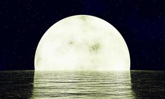 de gouden volle maan wordt weerspiegeld in de zee. een golf van water van de oceaan naar het eiland. de lucht heeft veel sterren. rimpelingen op de zee 's nachts. 3D-rendering foto
