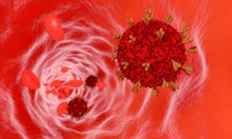 model van coronavirus of covid-19 in bloedvaten en bloedcellen. de uitbraak van het virus in de bloedbaan in het menselijk lichaam. 3D-rendering foto