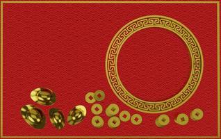 gouden munt en goudstaven van chinees op rode achtergrond kopie ruimte in gelukkig chinees nieuwjaar concept. 3D-rendering. foto