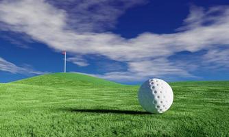 golfbal ligt op een groen grasveld in een prachtige golfbaan met ochtendzon. klaar voor golf in de eerste korte. 3D-rendering. foto