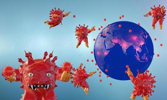 de wereld wordt aangevallen door virusconcept.pathogen respiratoire influenza covid-viruscellen. nieuwe officiële naam voor coronavirusziekte genaamd covid-19. 3D-rendering. foto