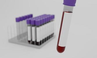 reageerbuisjes met bloed en blanco label geïsoleerd op een witte achtergrond. concept voor het testen van het coronavirus. 3D-rendering. foto