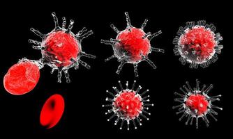model voor uitbraak van coronavirus covid-19 en coronavirussen griepconcept op een zwarte achtergrond als gevaarlijke gevallen van griepstammen als een pandemisch medisch gezondheidsrisico met ziektecel als een 3D-weergave foto
