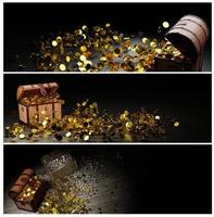 set van talloze gouden munten die uit de schatkist zijn gemorst. oude houten schatkist strak in elkaar gezet met verroeste metalen strips. 3D-rendering foto