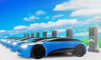oplaadstation voor elektrische auto's. nieuwe auto maakt gebruik van het concept van schone technologie. aangedreven door elektriciteit, windturbines. auto's en opladers op de grond. heldere lucht natuur witte wolken foto