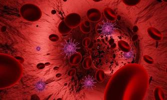 mockup virus of bacteriën en rode bloedcellen in een slagader of bloedvat, stroom in het lichaam, medische menselijke gezondheidszorg. corona-viruscrisis uit wohan china. 3D-rendering. foto