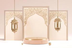 islamitische display podium decoratie achtergrond met moskee, lantaarn, halve maan cartoon stijl, ramadan kareem, mawlid, iftar, isra miraj, eid al fitr adha, muharram, 3d illustratie. foto