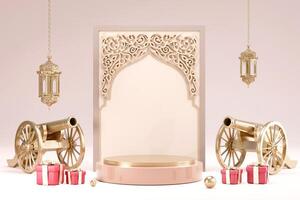 islamitische display podium decoratie achtergrond met moskee, lantaarn, halve maan geschenkdoos cartoon stijl, met kanon, ramadan kareem, mawlid, iftar, isra miraj, eid al fitr adha, muharram, 3d illustratie. foto