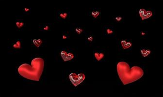 harten 3d render rood klein en groot transparant lichtgevend op een zwarte achtergrond foto