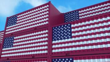 usa flag containers staan op de containerterminal. Amerikaans export- of importconcept. 3D-rendering foto