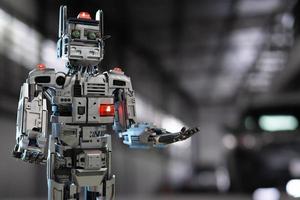 kat robot voor industrie 4.0 3d render communicatie met mensen cybernetisch fabricage verbinding in fabriek automatiseren in autodealer automatisering futuristisch toekomst kat speelgoed intelligentie 3d render