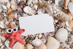 bovenaanzicht van schelpen en zeesterren in glazen met een vel papier voor tekst. creatieve humoristische zomer abstracte achtergrond plat lag met kopie ruimte foto