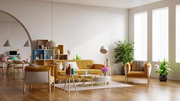gele bank en gele fauteuil in ruime woonkamer interieur met planten en planken in de buurt van houten tafel. foto