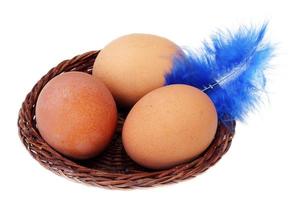 drie eieren in een mand en veer foto