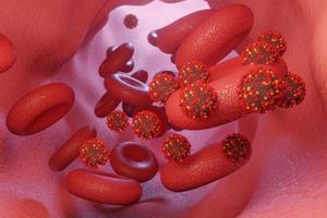 microscoop virus aanval bloed close-up concept art. virus dat rode bloedcellen aanvalt, 3d render foto