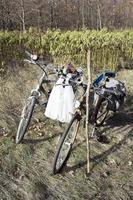 twee fietsen die op droog gras staan foto