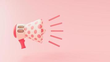 roze polka dot megafoon rinkelt. licht komt uit de achterkant van de megafoon. ruimte aan de zijkant voor banner of logo. 3D render. foto